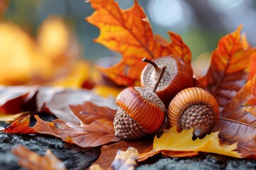 Obraz premium Closeup of acorns nestled among vibrant autumn leaves on a wooden surface