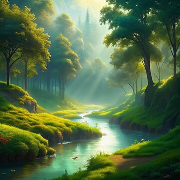 Fantastic foggy river with fresh green grass in the sunlight. Sunbeams through the tree. Dramatic colorful scenery. Seret river, Ternopil. Ukraine, Europe. Beauty world.
