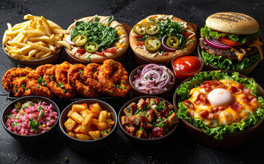 Delicious Spread of Fast Food and Snacks on Black Table. A colorful array of fast food including burgers, fries, and spicy chicken, artfully arranged for a satisfying meal.