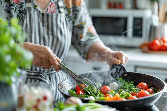 Close-up of a woman cooking fresh vegetables in a modern kitchen with a striped apron