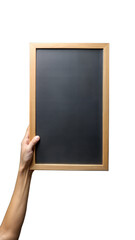 Hand holding a blackboard with wooden frame on transparent background.