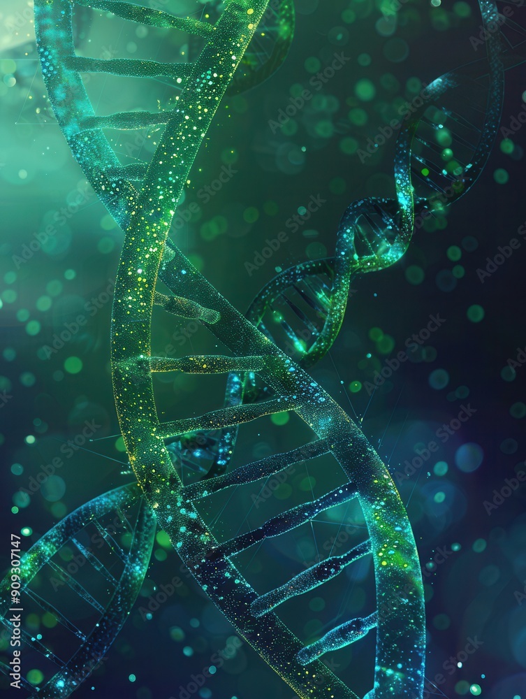 Aufkleber A captivating abstract representation of a luminous double helix DNA structure against a backdrop of deep green and blue hues. Generative AI