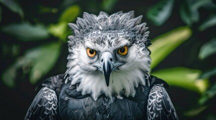 Obraz premium a close-up of a proud harpy eagle's face with tropical rainforest foliage behind