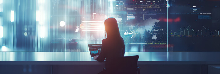 IT woman working analysis multiple monitors control cyber global, data charts, laptop