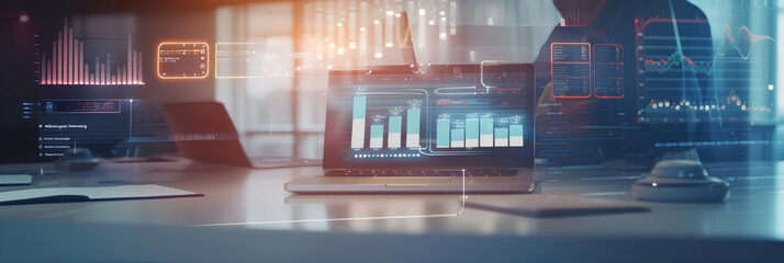 IT working analysis multiple monitors control cyber global, data charts, laptop