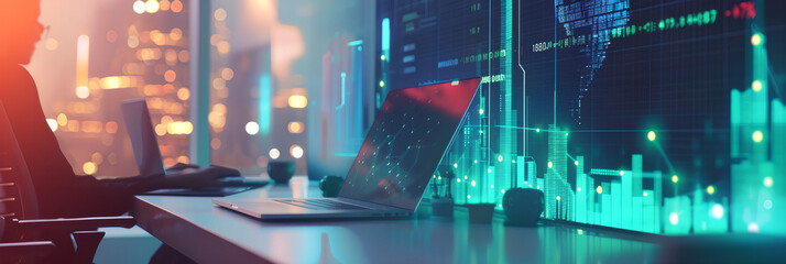 IT working analysis multiple monitors control cyber global, data charts, laptop