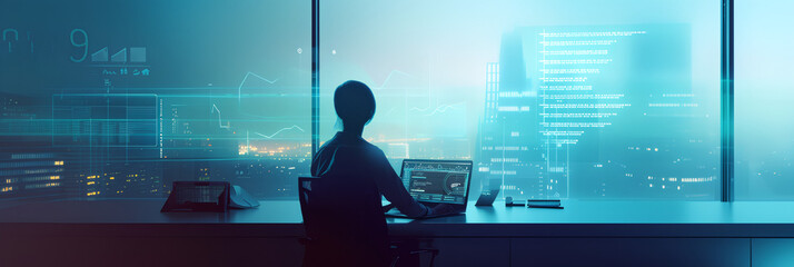 IT working analysis multiple monitors control cyber global, data charts, laptop