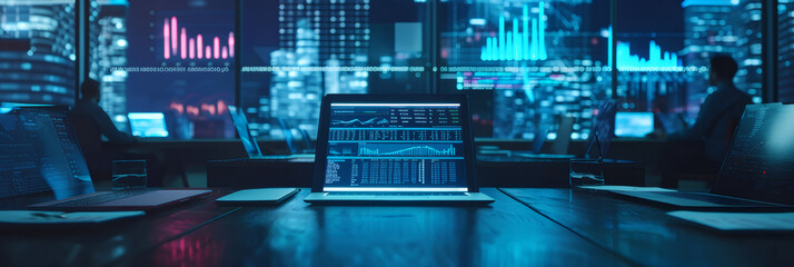 IT working analysis multiple monitors control cyber global, data charts, laptop