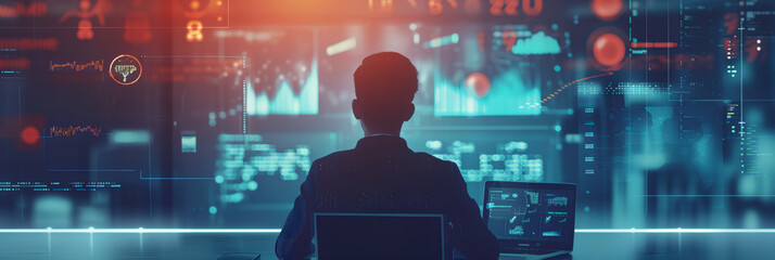 IT working analysis multiple monitors control cyber global, data charts, laptop