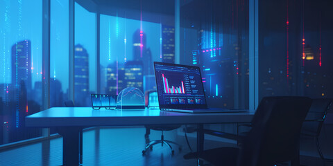 IT working analysis multiple monitors control cyber global, data charts, laptop