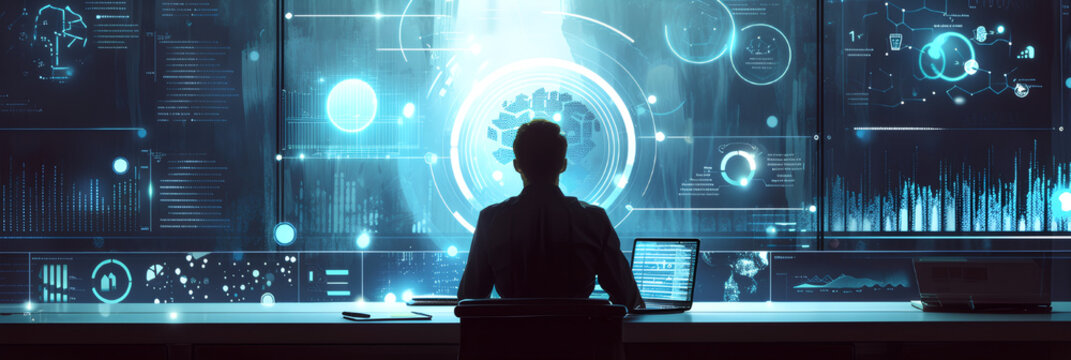 IT working analysis multiple monitors control cyber global, data charts, laptop