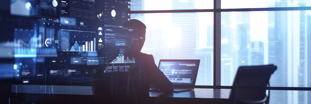 IT working analysis multiple monitors control cyber global, data charts, laptop