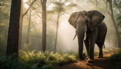 Fototapeta premium In the tranquil embrace of the forest, an elephant emerges through the morning mist, its presence exuding strength and grace against the backdrop of lush greenery