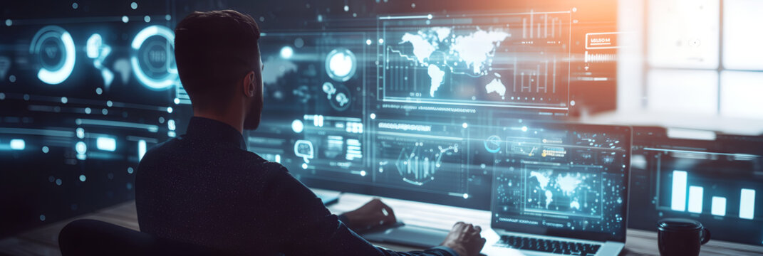 IT working analysis multiple monitors control cyber global, data charts, laptop
