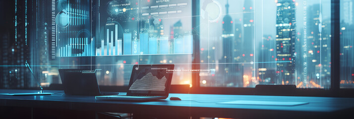 IT working analysis multiple monitors control cyber global, data charts, laptop