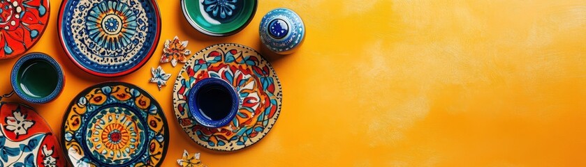 Naklejka premium Colorful Mexican ceramic dishes and bowls on an orange background. Traditional hand-painted pottery showcasing vibrant Mexican culture.