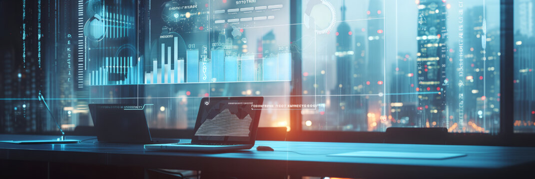 IT working analysis multiple monitors control cyber global, data charts, laptop