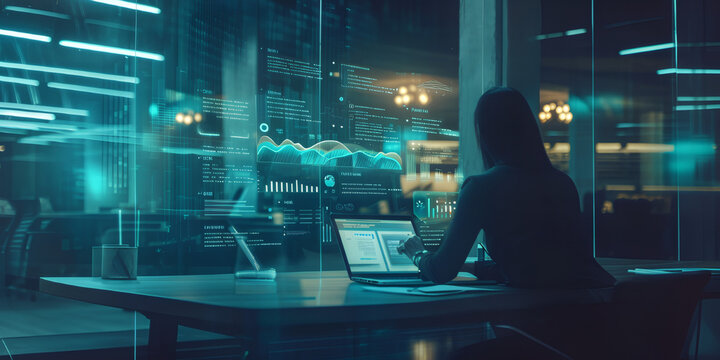 IT woman working analysis multiple monitors control cyber global, data charts, laptop