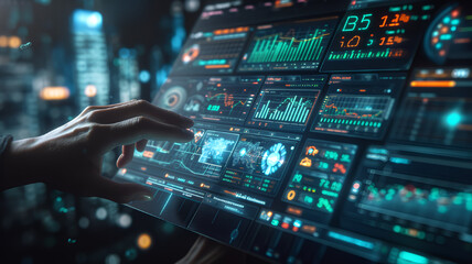 High technology cyber dashboard control, futuristic interface touchscreen panel with buttons,  graphic UI data analytics.