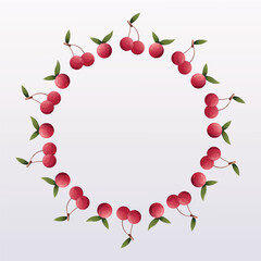 Cute kawaii realistic cherry with leaves wreath frame