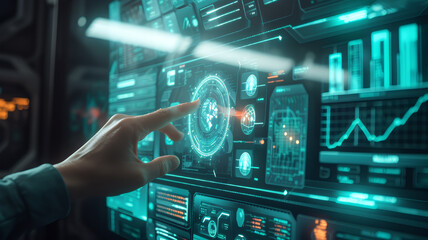 High technology cyber dashboard control, futuristic interface touchscreen panel with buttons,  graphic UI data analytics.