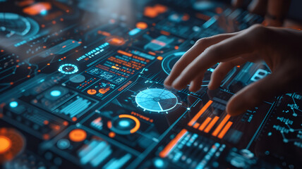 High technology cyber dashboard control, futuristic interface touchscreen panel with buttons,  graphic UI data analytics.