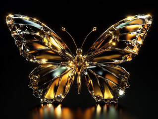 Elegant, shiny golden amber crystal butterfly on a black background.