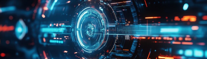 Obraz premium Futuristic digital matrix background with glowing neon lights and abstract circuitry patterns, perfect for tech and sci-fi themes.