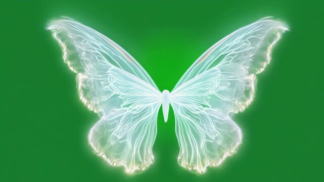 A gentle breeze catches the fairy wings causing them to glow even brighter against the dark night sky. Green screen chromakey