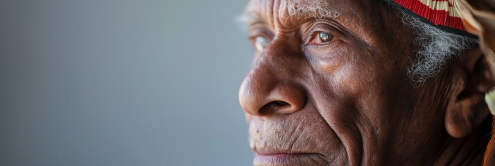 Fototapeta premium The Weight of Years: A close-up portrait of an elderly Native American man, his weathered face etched with a lifetime of stories and wisdom. A powerful image of resilience and cultural heritage. 