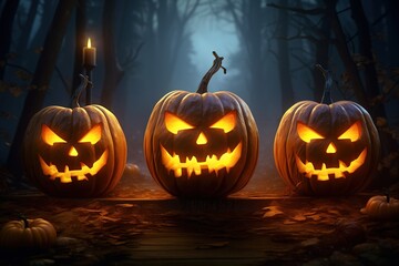 Fototapeta premium Path in spooky forest with pumpkin lanterns and ghosts