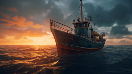 Fototapeta premium ship in the sea at sunset