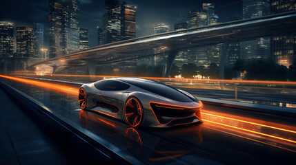 Futuristic sports car rushes through the night metropolis, Futuristic sports car on the neon highway