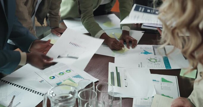 Meeting, chaos and business people hands with documents for planning, neuroscience and tech ideas. Teamwork, partnership and manager talking to workers for project review, paperwork and briefing