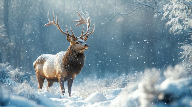 Majestic red deer buck standing in snowy winter forest