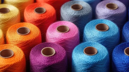Variety of colorful sewing threads on wooden spools