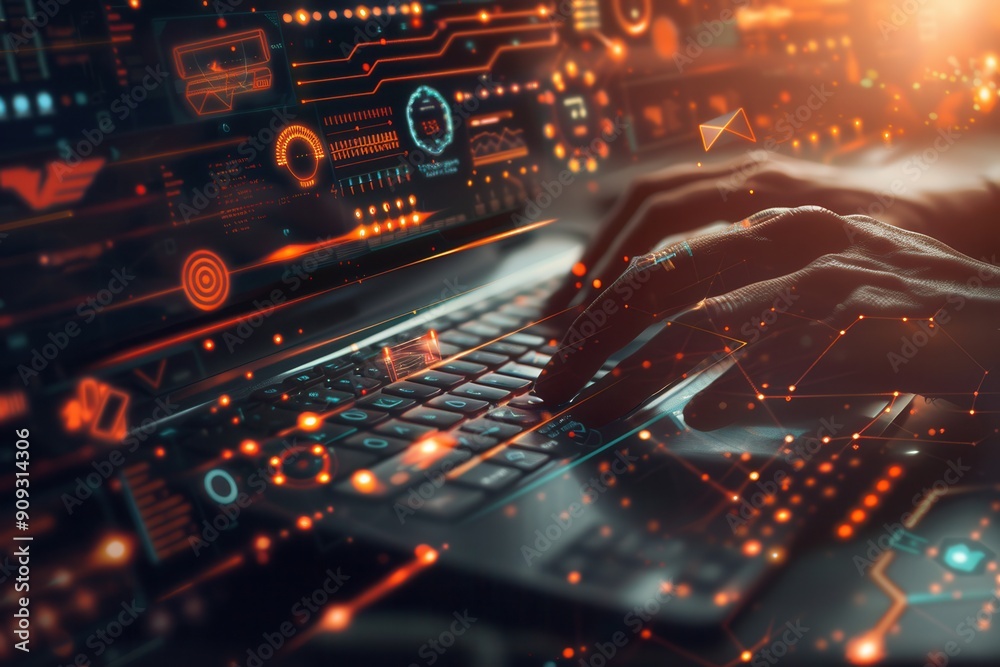 Aufkleber A hacker's hands rapidly type on a keyboard, surrounded by glowing digital symbols and codes, creating an atmosphere of high-tech activity. Generative AI