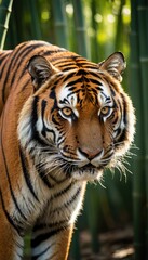 Fototapeta premium In the heart of an emerald bamboo jungle, a magnificent tiger strides confidently, its powerful muscles rippling beneath its striped coat. The play of light and shadow dances across its fur as the jun