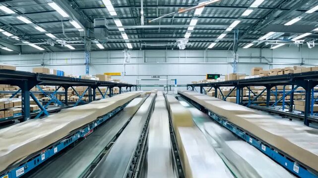 timelapse shot reveals parcels being swiftly transported on a conveyor line in a high-tech warehouse. 