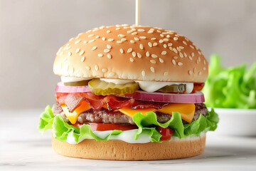 A hamburger with lettuce and onions on top of a bun. The burger is served on a white plate
