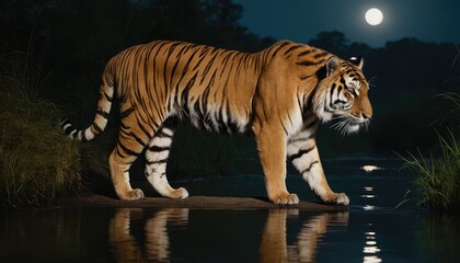 Fototapeta premium The silhouette of a powerful tiger is mirrored in the still waters as it steps into the moonlit scene, surrounded by lush foliage and the quiet whispers of the nighttime wilderness