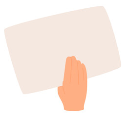 Hand holding blank paper, presenting empty card. Clean background, space for announcement, advertising.