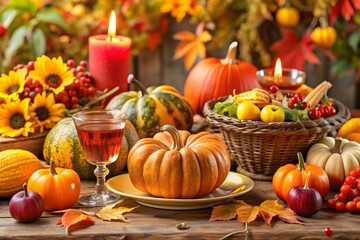 an autumn-themed arrangement on a wooden surface with copyspace. It includes various pumpkins, pine cones, dried leaves in warm shades, cinnamon sticks, star anise pods, and slices of dried orange.
