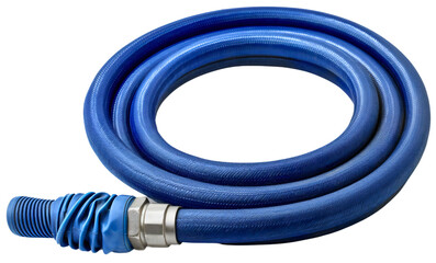 Blue rolled spiral water hose isolated on transparent background. Garden plant watering flexible nozzle equipment tool, rubber texture, pressure, agriculture, home, summer