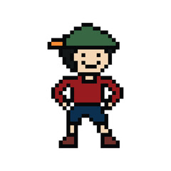 Fototapeta premium Cute pixel cartoon 8bit character man exercises training dance lifestyle music decoration life style 8 bit male boy dance with music game fitness isolated PNG vector.