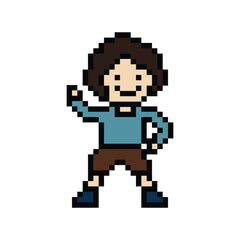 Fototapeta premium Cute pixel cartoon 8bit character man exercises training dance lifestyle music decoration life style 8 bit male boy dance with music game fitness isolated PNG vector.