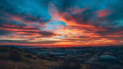Fototapeta premium Sunset sky over industrial area with factory buildings. Gas pollution station tower architecture, chemical oil fuel environment, petroleum energy plant, petrochemical refinery manufacturing business