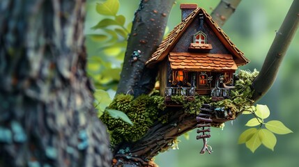 Toy braided wood house on the tree