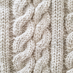 Close-up of cozy knitted soft beige fabric.