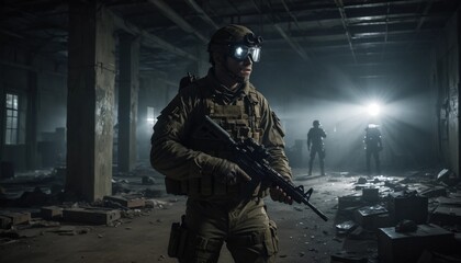 A lone operative in tactical gear and night-vision goggles stealthily navigates a dark, abandoned warehouse, blending into the shadows to avoid detection.
